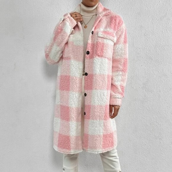 Plaid Flap Pocket cozy comfy Teddy Coat Shacket Pink - Picture 4 of 7
